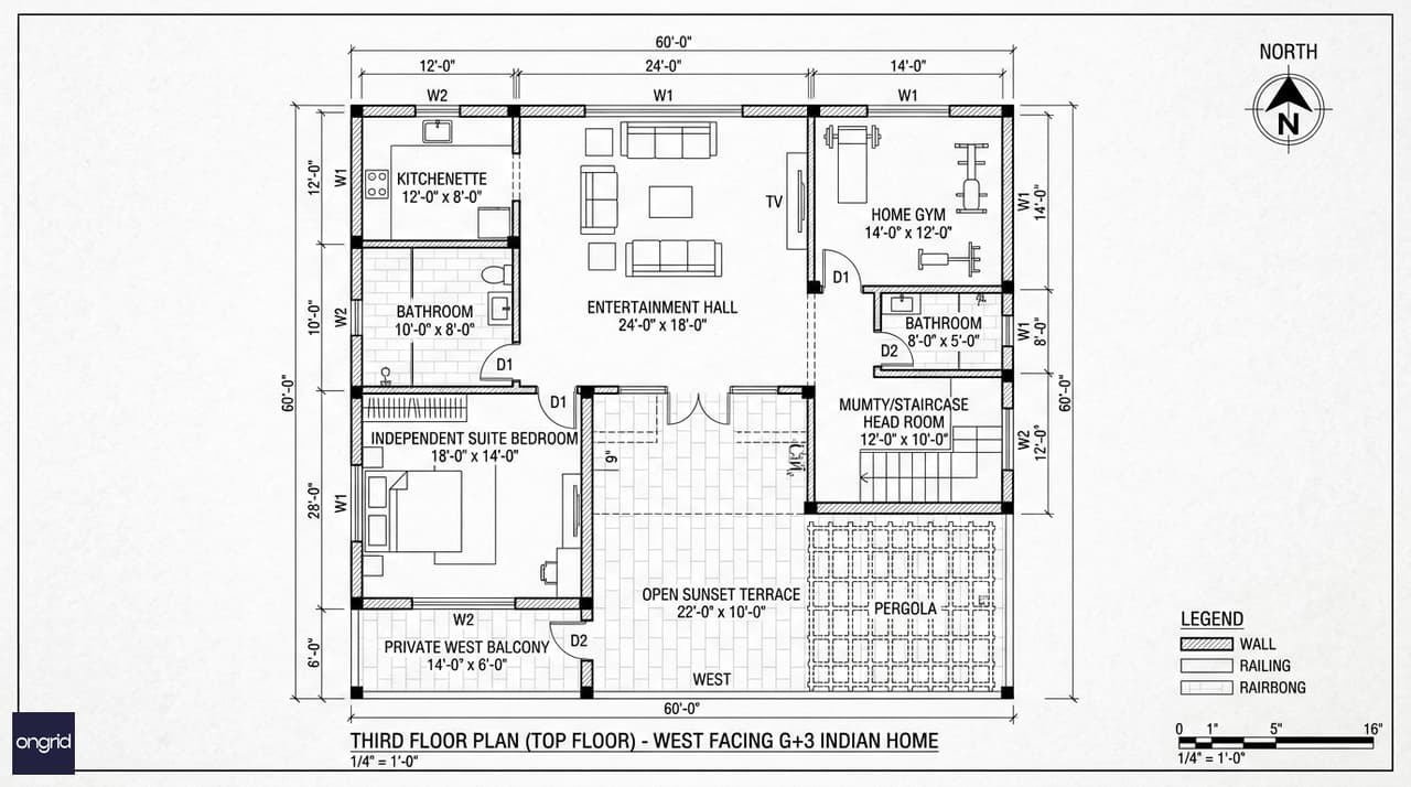 Third floor plan of the 60x60 4-floor west-facing house