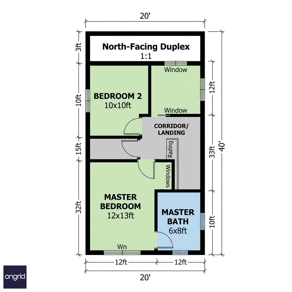 First floor plan showing master bedroom, guest bedroom, and bathroom layout