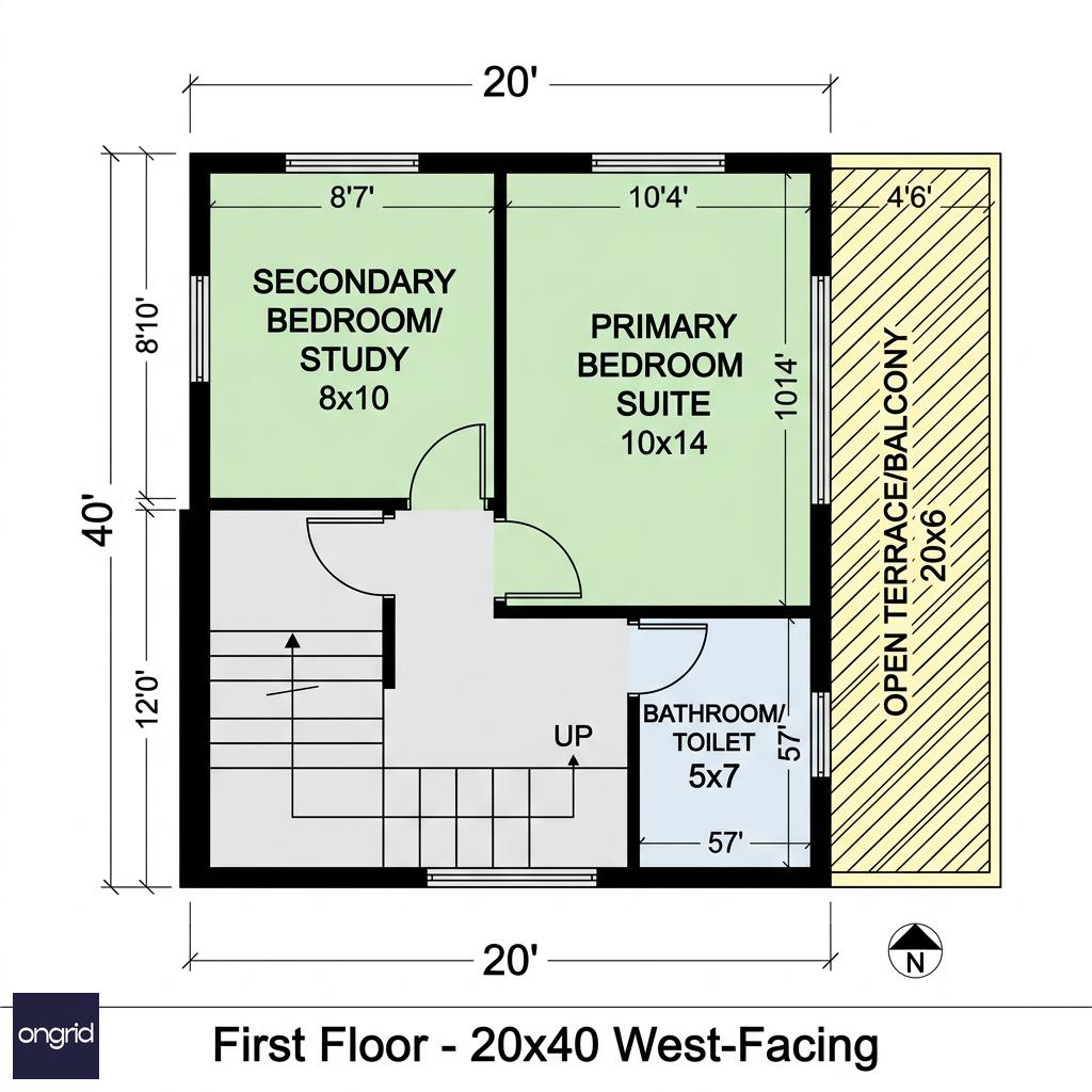 First floor floor plan 20x40 with labeled bedrooms and terrace