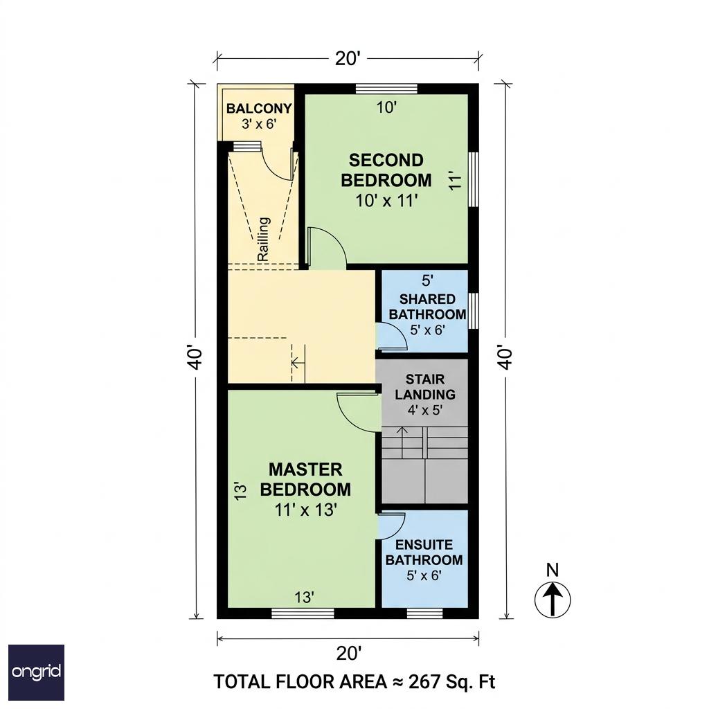 First floor plan of 20x40 North-facing house with room dimensions