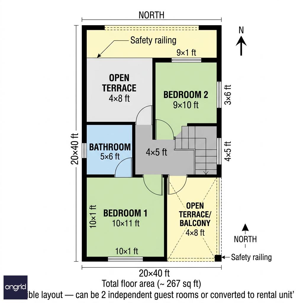 Second floor plan of 20x40 North-facing house with room dimensions