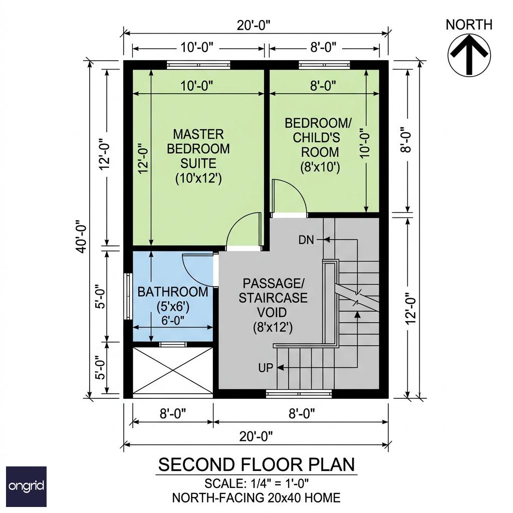 Second floor plan of 20x40 North-facing house with room dimensions