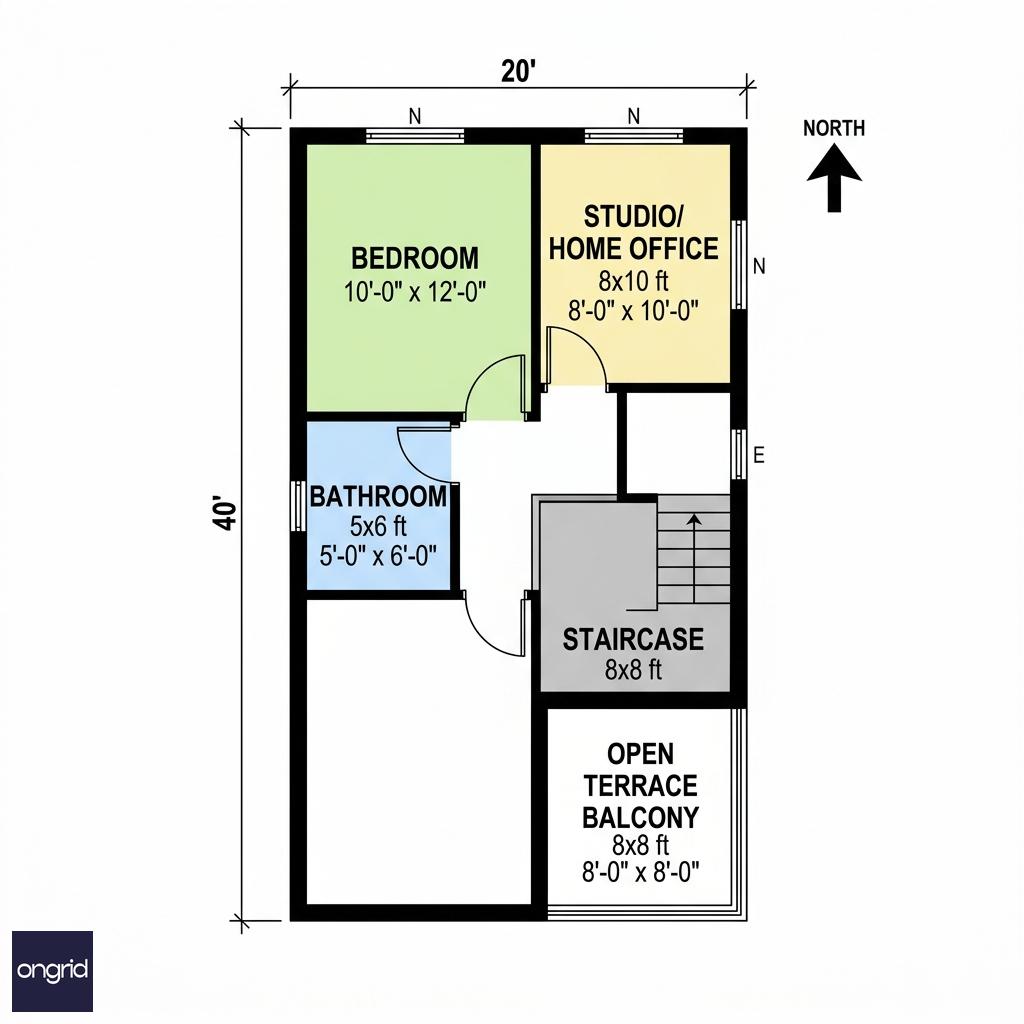 Third floor plan of 20x40 North-facing house with room dimensions