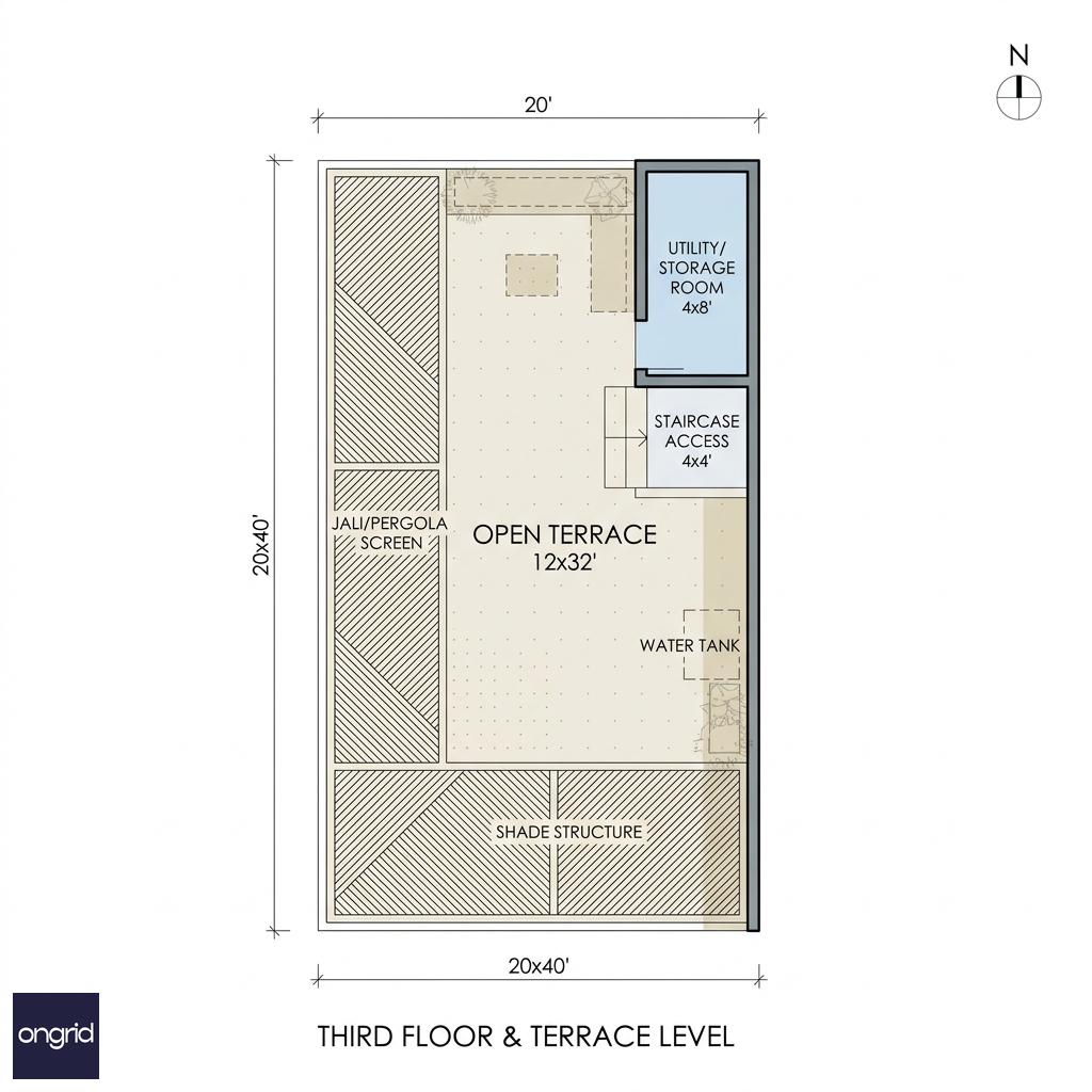 Technical floor plan of third floor showing terrace layout, shade structures, and utilities positioning
