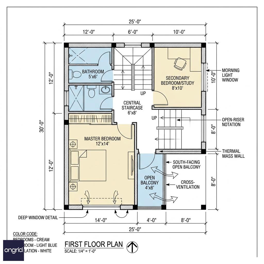 First floor plan of 25x30 south-facing house showing master bedroom 12x14, secondary bedroom 8x10, bathroom 5x6, balcony 4x8, staircase 6x8, south balcony open design, windows marked with outward swing, architectural diagram with dimensions