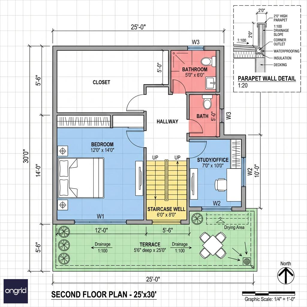 Second floor plan of 25x30 south-facing home showing bedroom 12x14, study 7x10, bathroom 5x6, large terrace 5.5ft deep x 25ft wide on south, staircase 6x8, balcony access, architectural plan with terrace detail inset