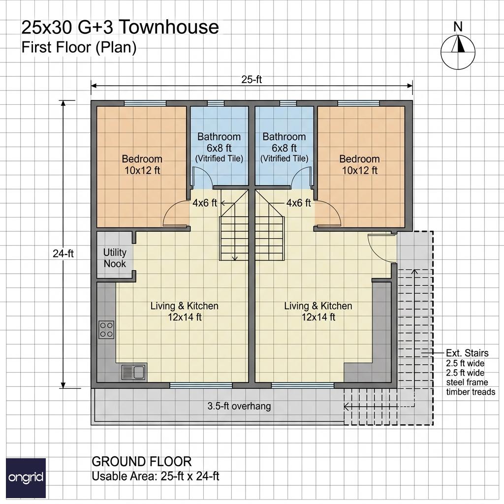 First floor plan with identical 1-BHK unit layout, stairs, and overhang positioning