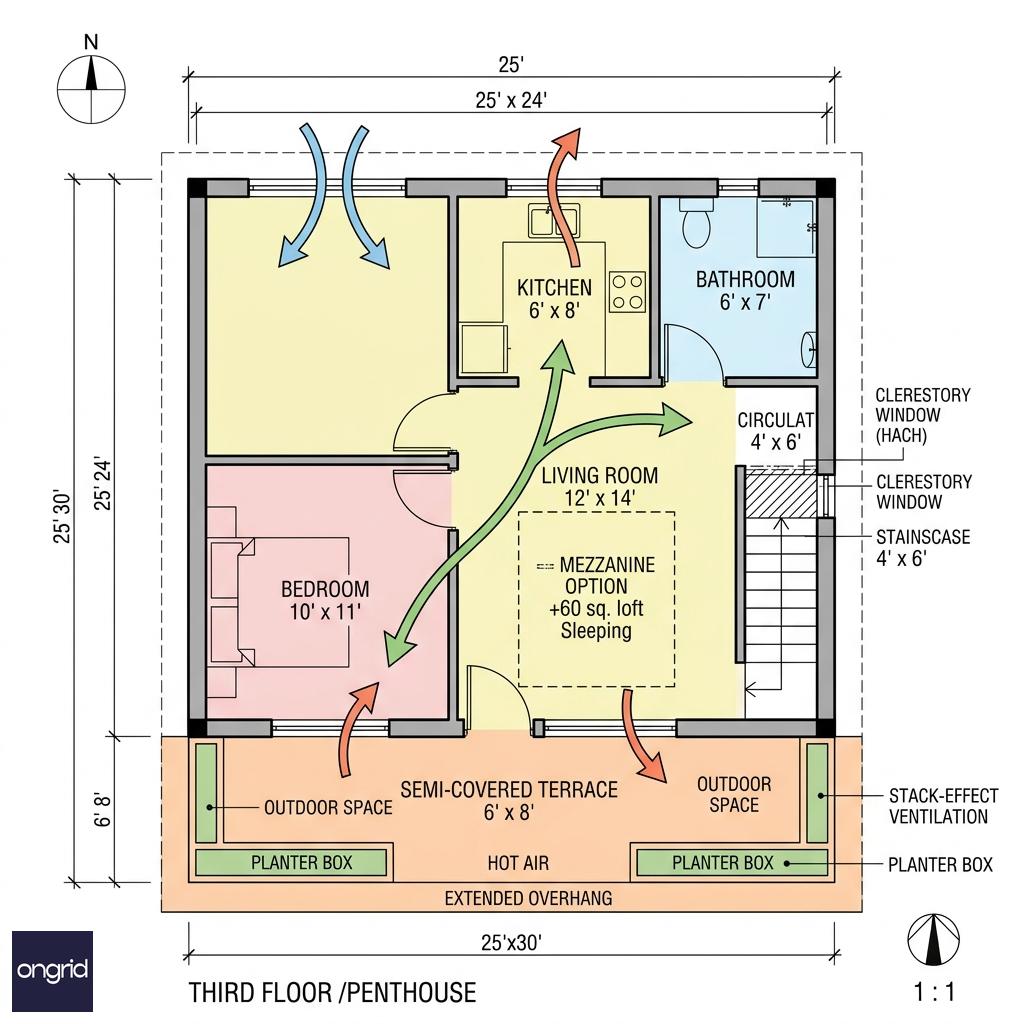 Third floor/penthouse plan with terrace, studio flexibility, and mezzanine option