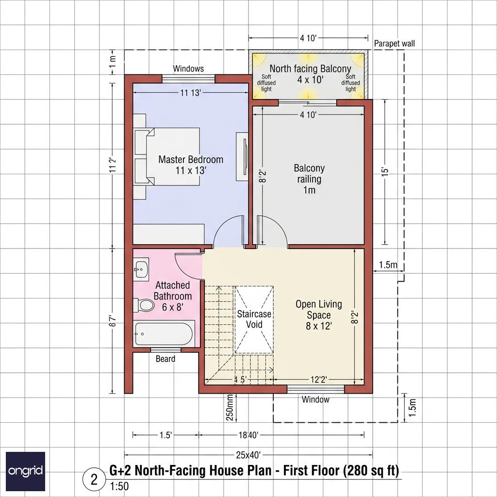 First floor plan showing master bedroom with attached bathroom, reduced footprint, and north balcony with 280 sq ft total area.