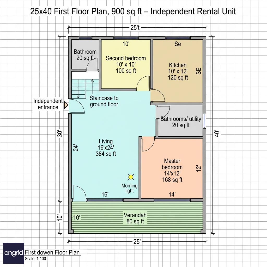 25x40 First Floor Plan with Bedroom Dimensions