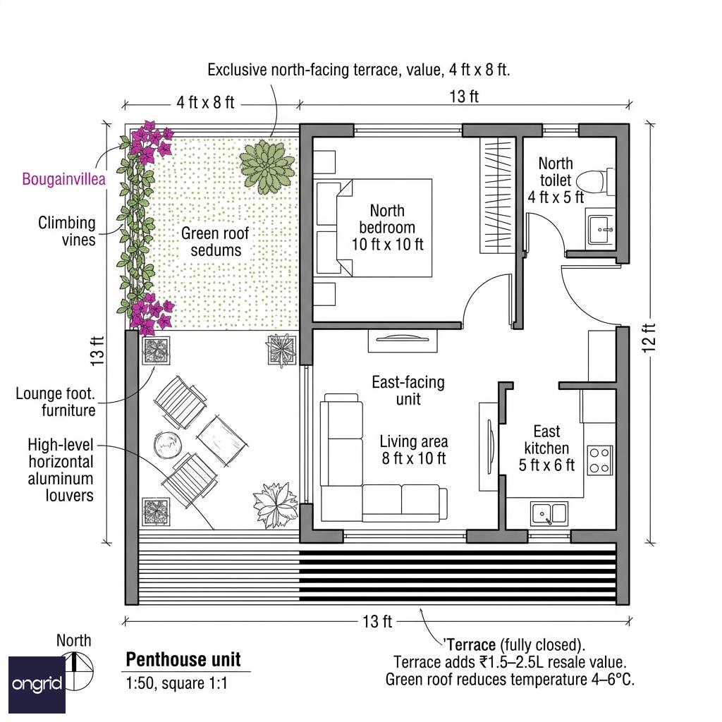 Third floor plan: 1BHK with rooftop terrace option