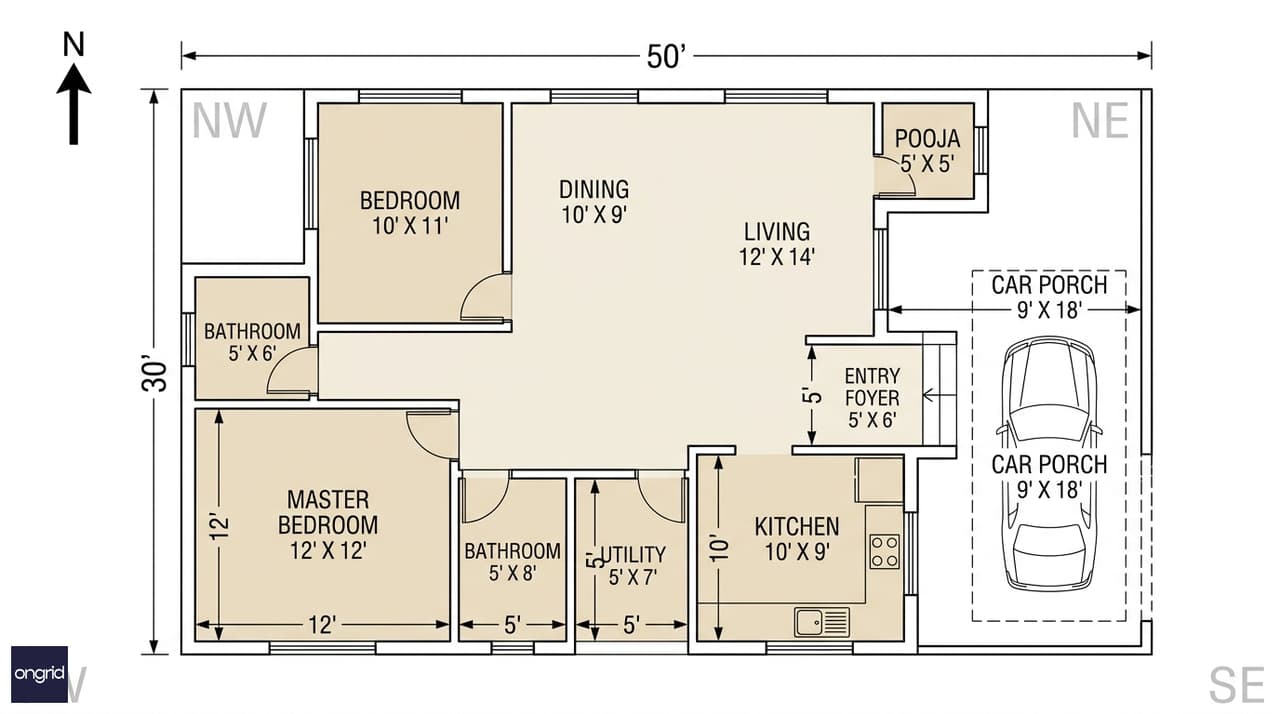 Dimensioned ground floor plan for 30x50 east facing single floor house showing 2 bedrooms, pooja NE, kitchen SE, master bedroom SW, living room NE, with room labels and measurements