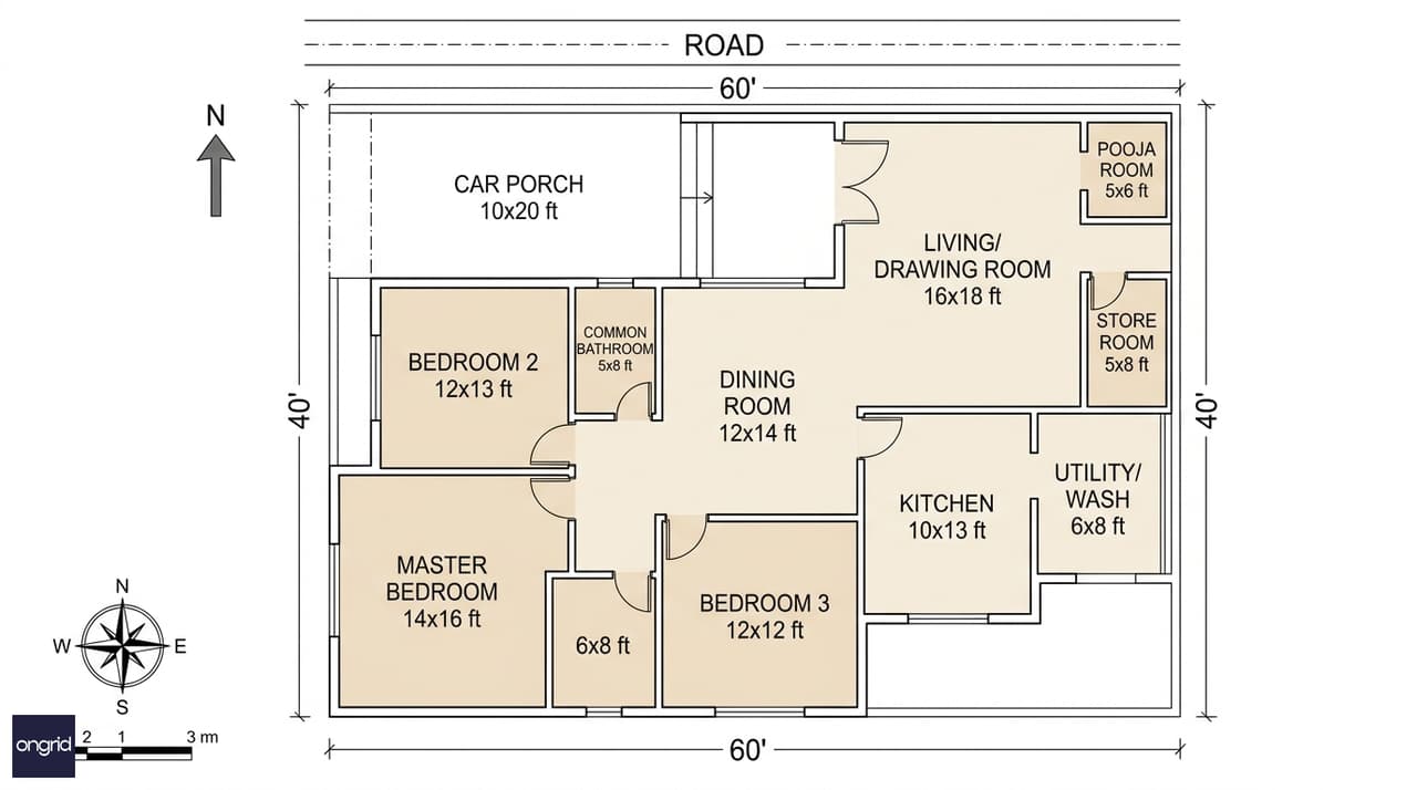 Detailed ground floor plan of a 40x60 north-facing 3BHK bungalow with labelled room dimensions, Vastu-aligned layout, and car porch positioned on the north frontage