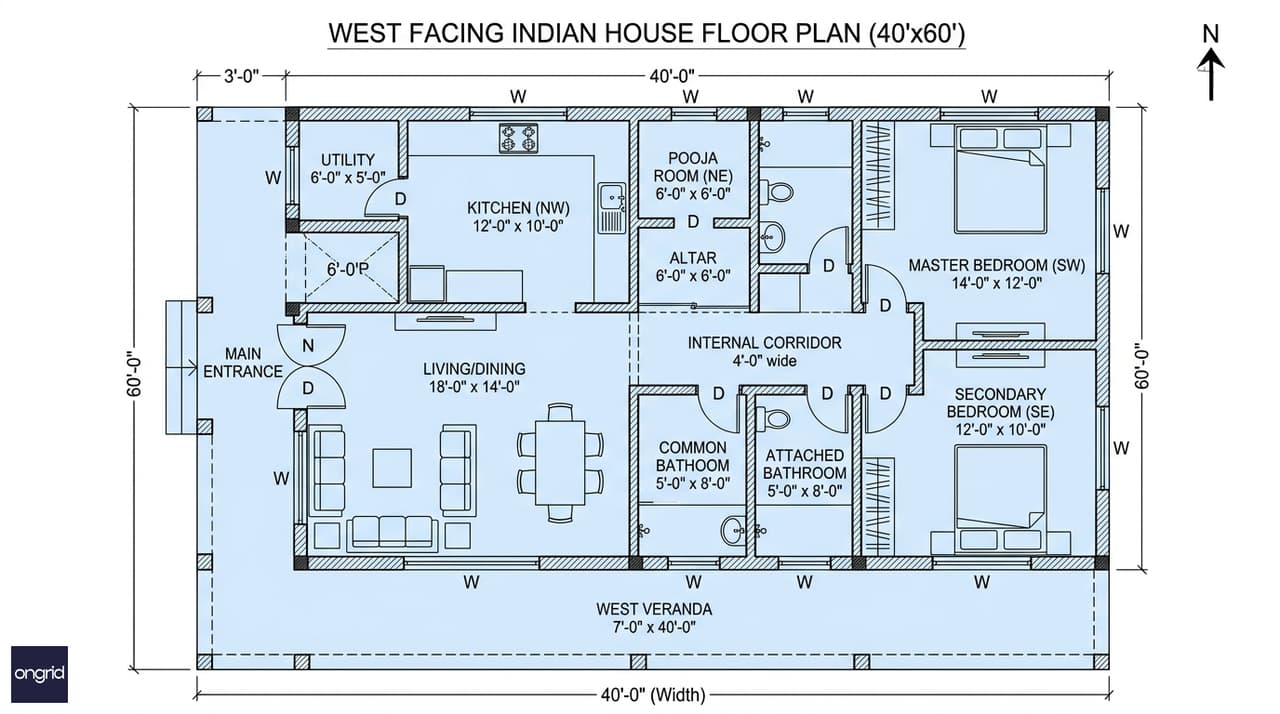 Architectural floor plan of 40x60 west-facing single floor home with labeled room dimensions and vastu zones