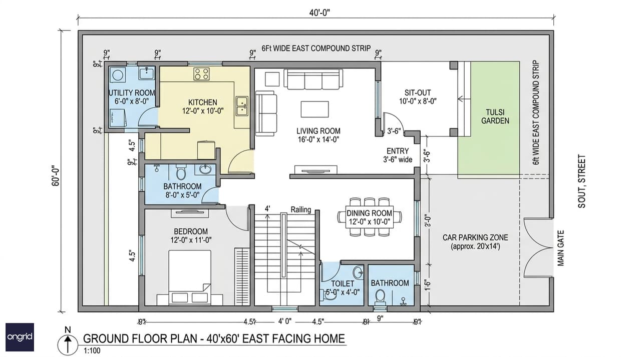 Detailed ground floor plan for a 40x60 east facing G+1 home showing 10x8 sit-out in NE, 16x14 living room, 12x10 dining, 12x10 SE kitchen, 6x8 utility, 12x11 ground bedroom with attached bath, south-central staircase, and east compound with car parking