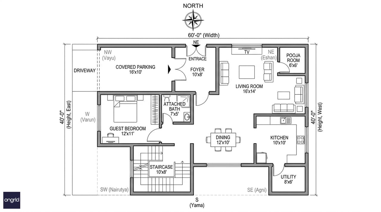 Ground floor plan of 40x60 north facing G+1 home — living NE, kitchen SE, pooja NE, guest bedroom NW