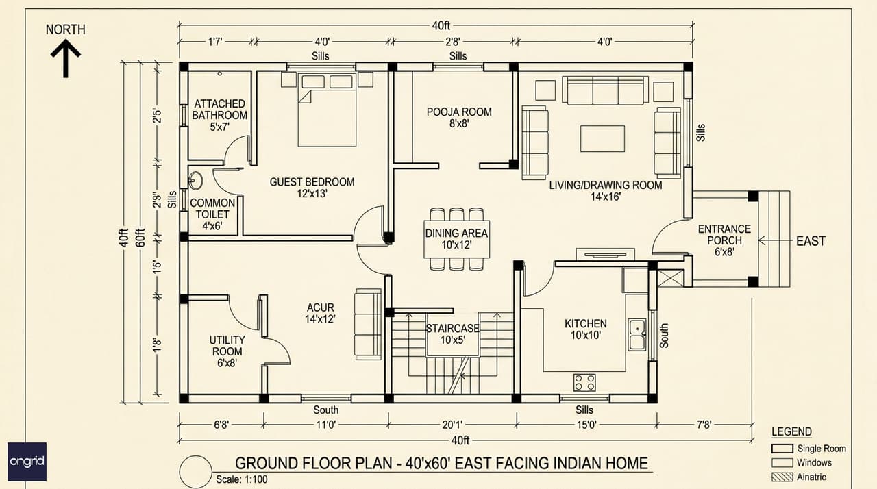 Ground floor plan of 40x60 east-facing home showing open living-dining, SE kitchen, NE pooja room, guest bedroom with attached bath
