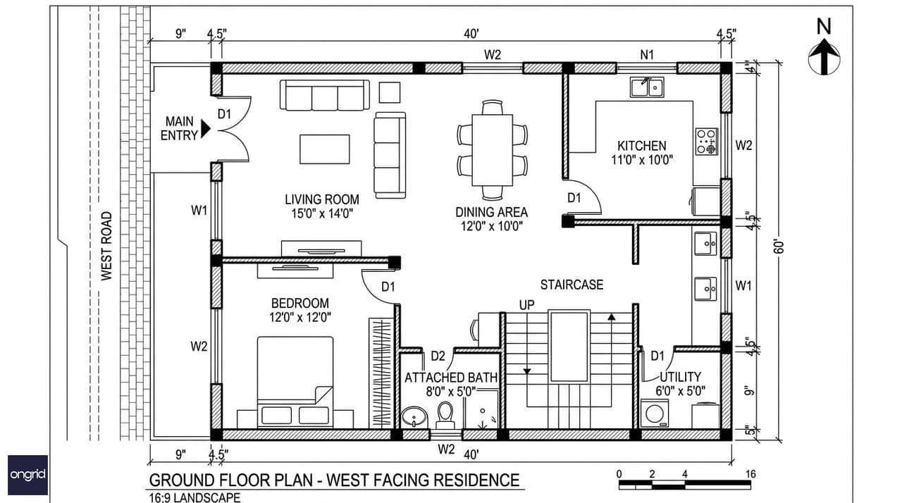 40x60 west-facing ground floor plan showing entry foyer, living room, kitchen in NW corner, and south-west bedroom