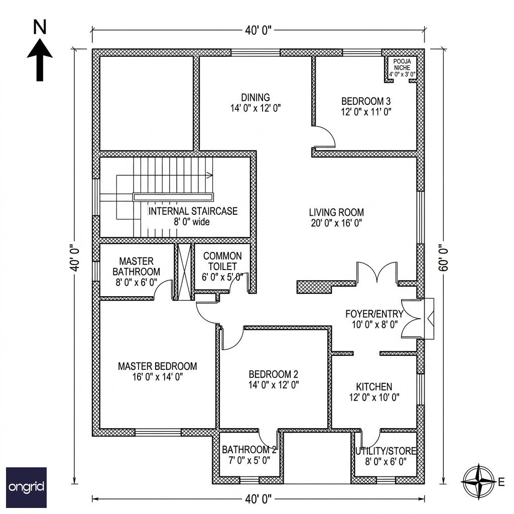 Ground floor plan of 40x60 east facing G+3 house showing 3BHK layout with living, dining, three bedrooms, kitchen, utility, and Vastu-aligned room placements