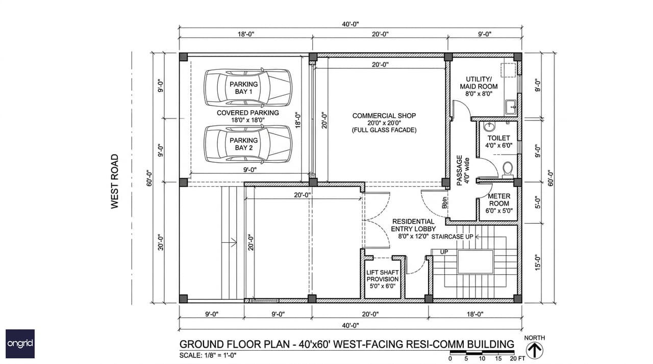 Ground floor plan for a 40x60 west-facing G+3 home showing commercial unit, covered parking, and staircase core
