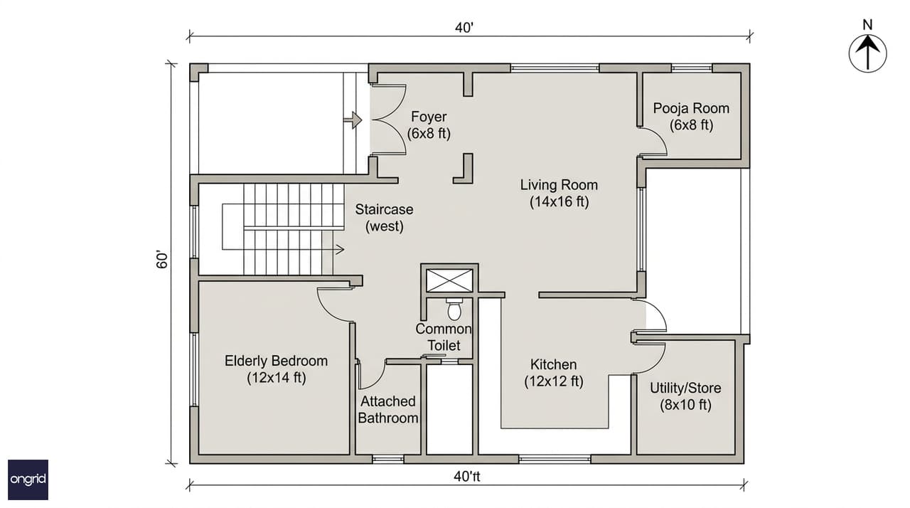 Ground floor plan of the 40x60 north facing G+3 house — foyer, 14×16 living room, 12×14 elderly bedroom, northeast pooja room, southeast kitchen, utility at rear