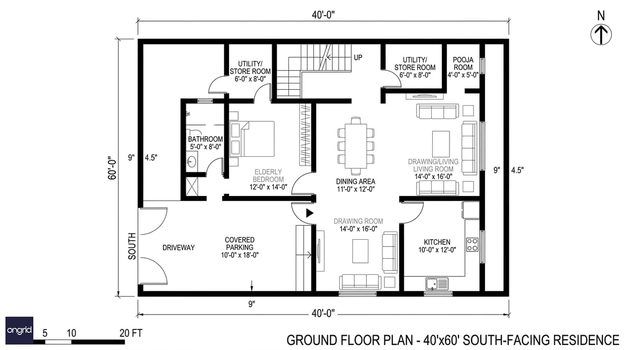 40x60 south facing G+2 ground floor plan showing parking, drawing room, elderly bedroom, SE kitchen, and NE pooja