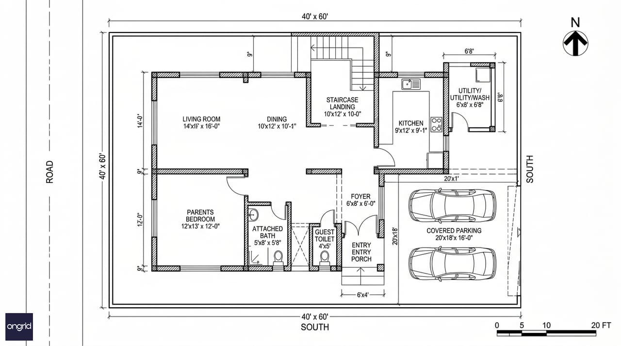 Ground floor plan of 40x60 south facing G+3 home showing 2-car parking, parents bedroom suite, and family living zone