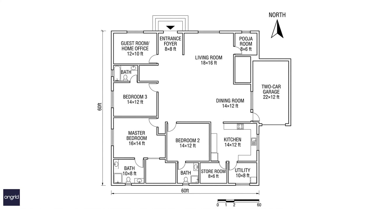 Ground floor plan for a 60x60 north-facing single-story house — all rooms on one level with vastu alignment