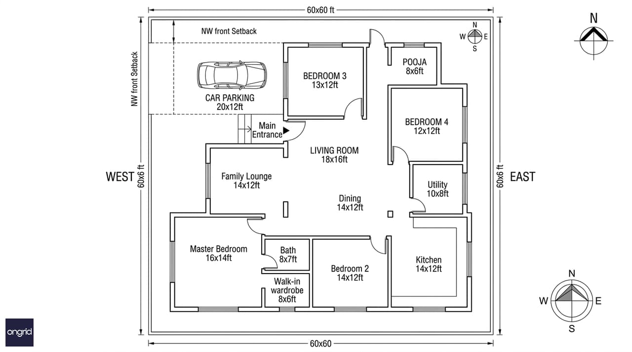 60x60 west-facing ground floor plan with room dimensions, vastu placements, and north arrow indicator