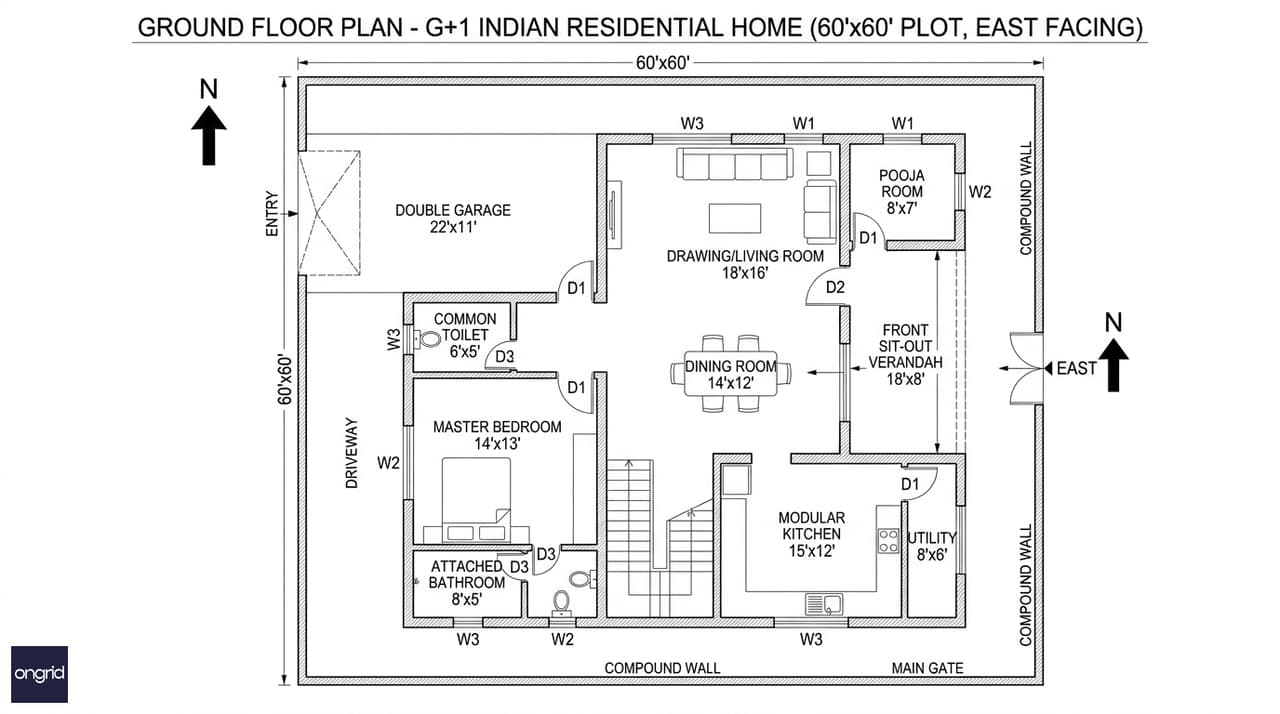 Ground floor architectural plan of a 60x60 east facing G+1 house showing living room, dining, kitchen, master bedroom, pooja room, garage and sit-out with dimensions marked