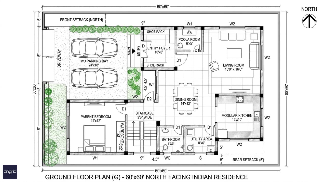 Detailed ground floor plan for 60x60 north-facing G+1 home showing room layout and dimensions