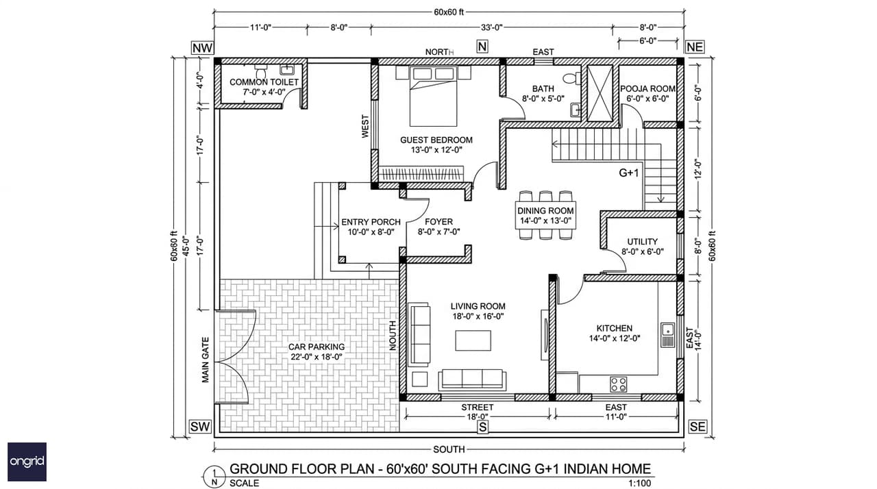 Annotated ground floor plan of a 60x60 south facing house showing 22x18 car parking at SW, 18x16 living room at south, SE kitchen, NE pooja room, north guest bedroom with attached bath, and dining space in the centre — all rooms labeled with dimensions