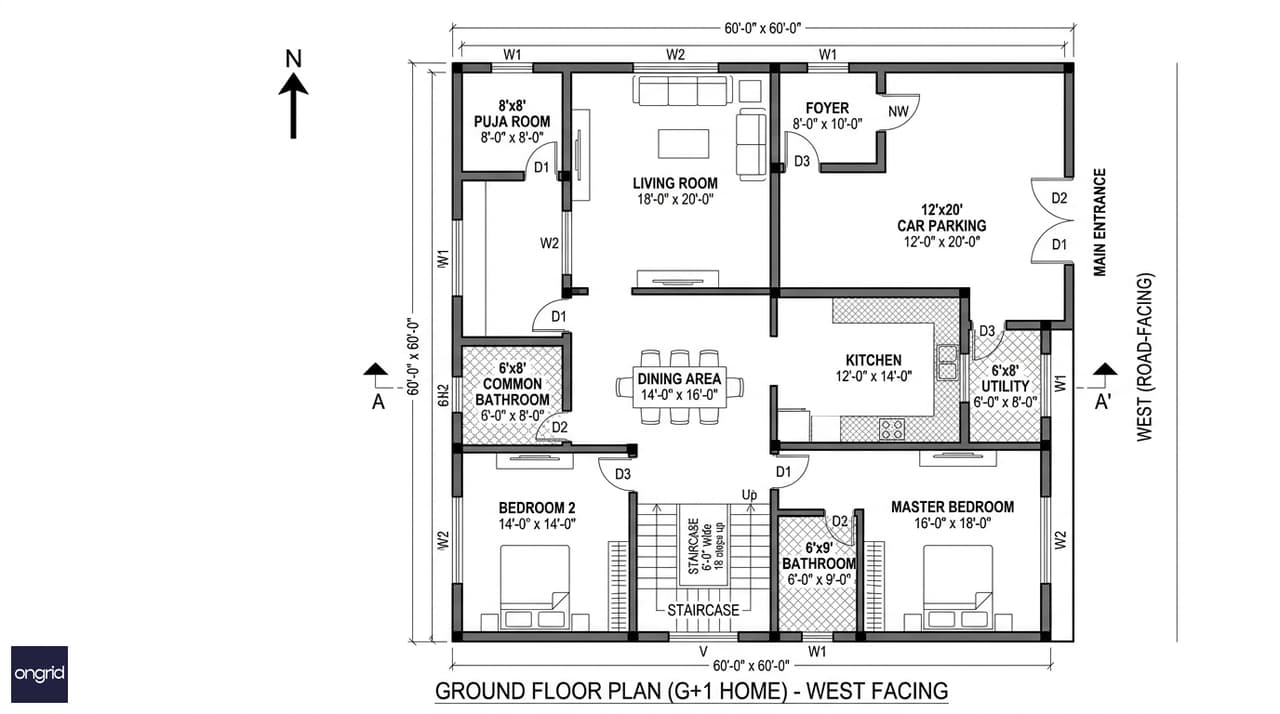 Annotated ground floor plan for a 60x60 west-facing G+1 home showing vastu-compliant room positions and dimensions
