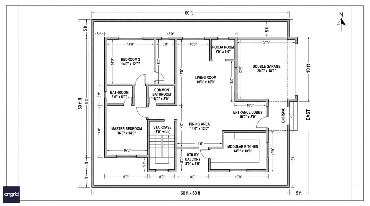 Ground floor plan of a 60x60 east facing house showing 2BHK owner's residence with living room, dining, kitchen in SE, master bedroom in SW, pooja room in NE, and double garage
