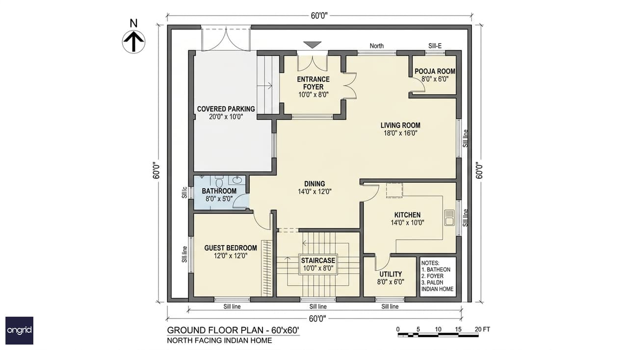 Ground floor plan of 60x60 north facing house — covered parking, living room, kitchen, pooja room, guest bedroom