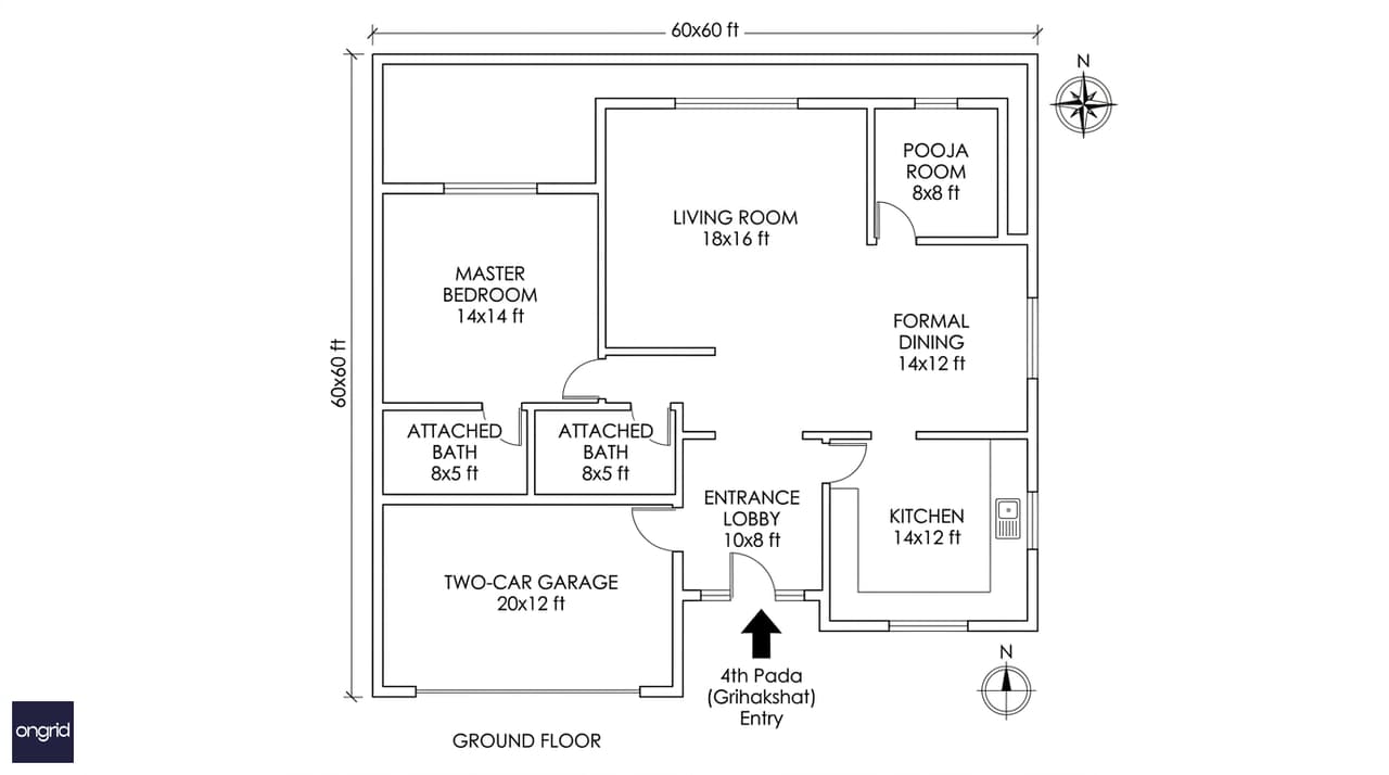 Ground floor architectural plan of a 60x60 south facing G+2 house with room labels and dimensions