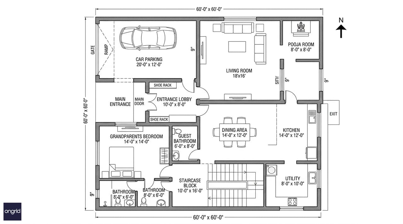 Ground floor plan of a 60x60 west facing 3-floor home