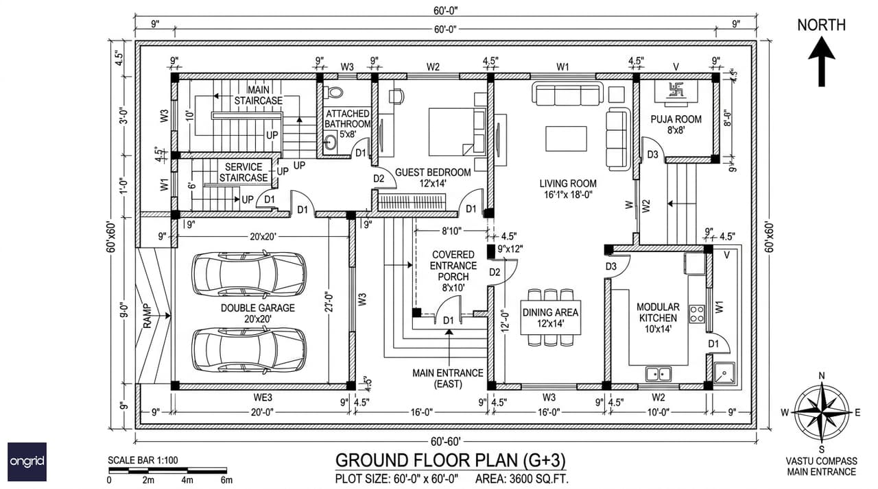 Ground floor plan of a 60x60 east facing 4-floor home showing double garage, living room, dining area, modular kitchen, guest bedroom and north-east puja room