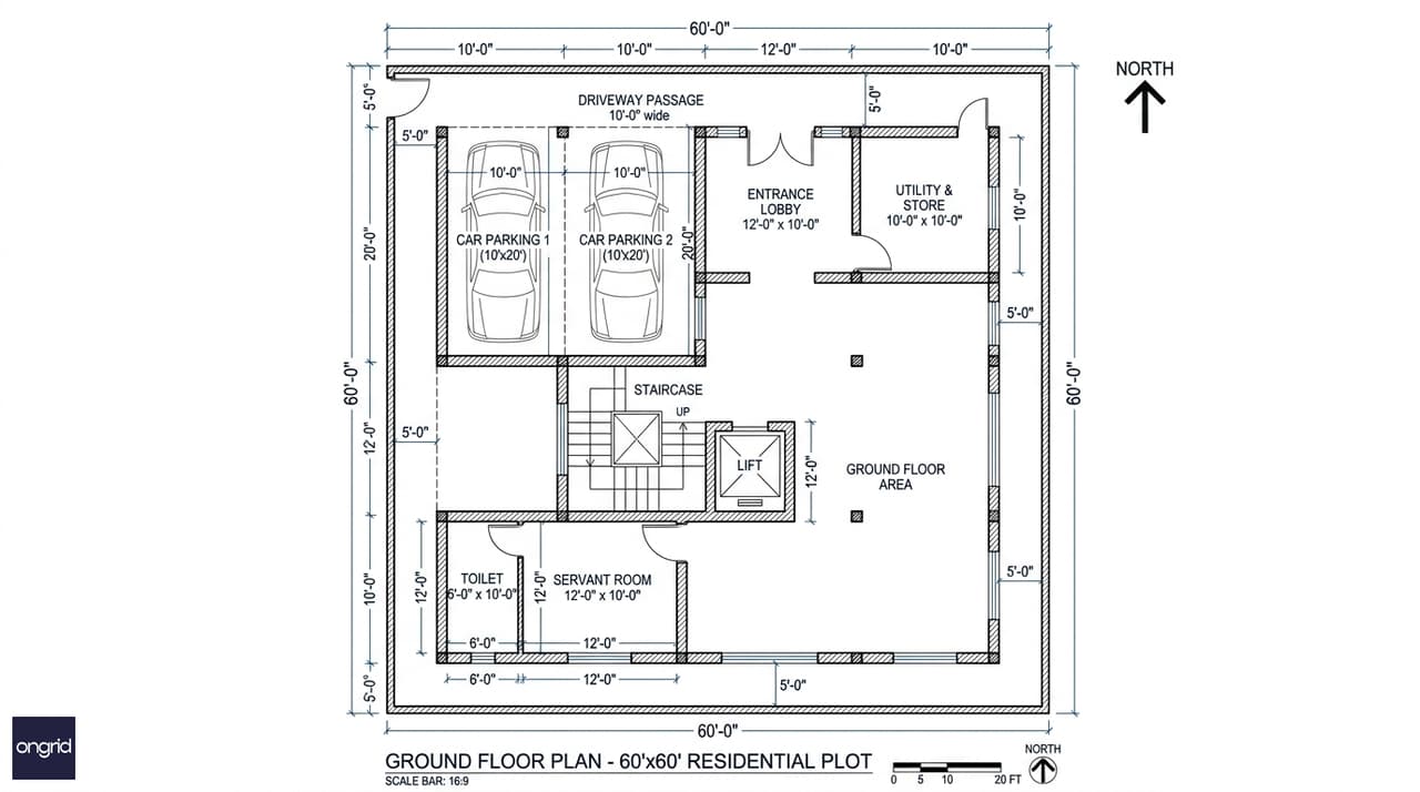 Ground floor plan for 60x60 north facing G+3 house showing double parking, utility, and staircase