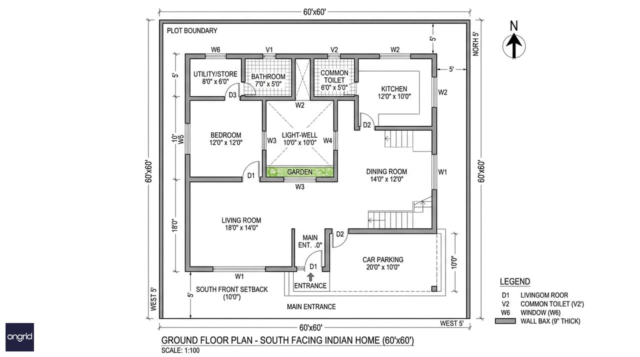 Annotated ground floor plan of a 60x60 south-facing G+3 home with room labels, north arrow, and dimension markings for living, dining, kitchen, bedroom, and car park zones