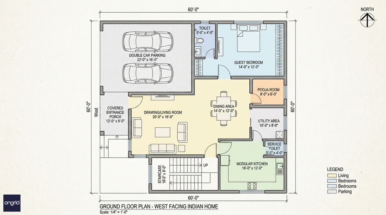 Ground floor plan of the 60x60 west-facing G+3 house