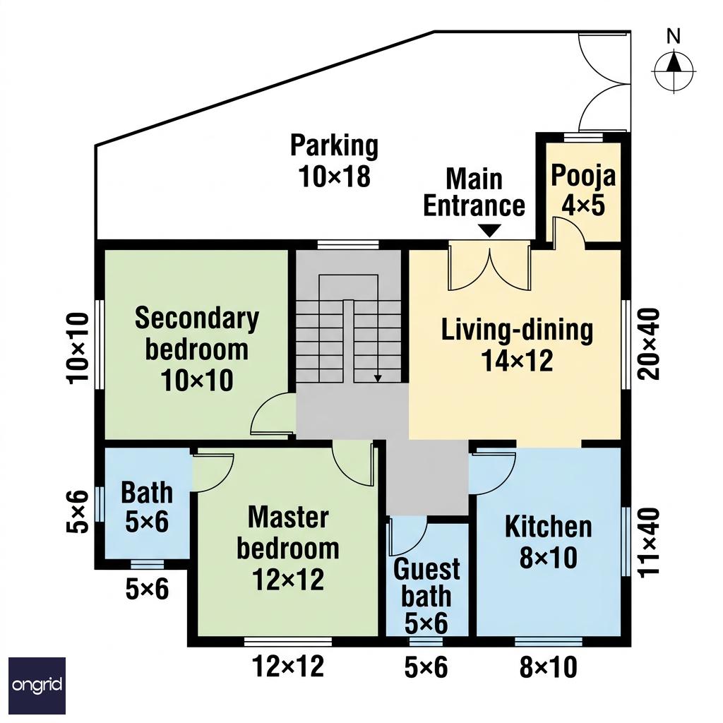 Ground floor plan of 20x40 North-facing house with room dimensions
