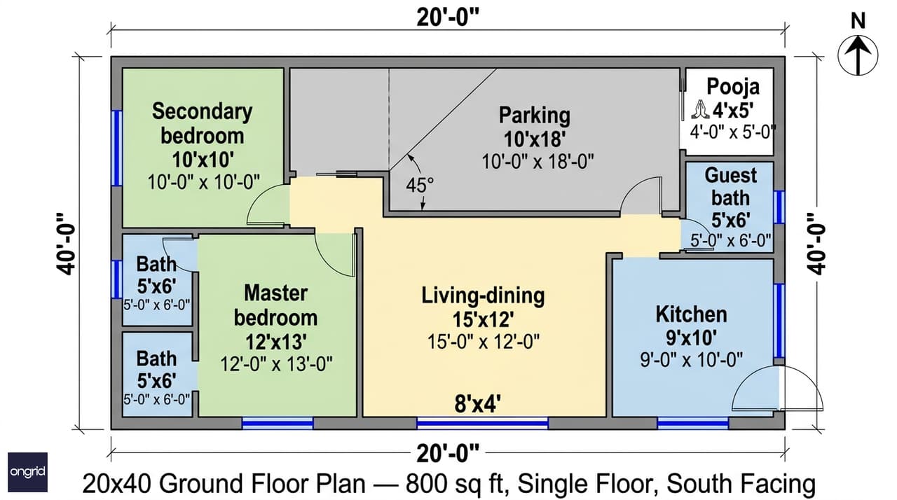 Ground floor plan of 20x40 South-facing house with room dimensions