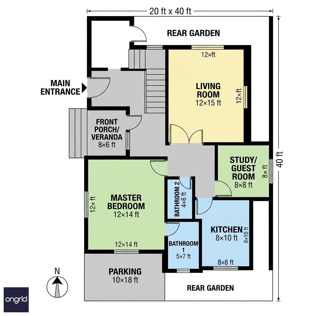 Technical floor plan diagram of 20x40 ground floor with room dimensions
