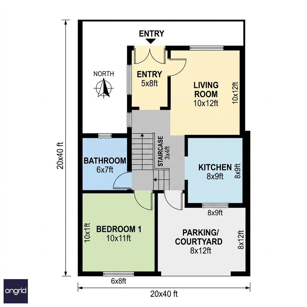 Ground floor plan showing room layout, dimensions, and circulation for 20x40 duplex