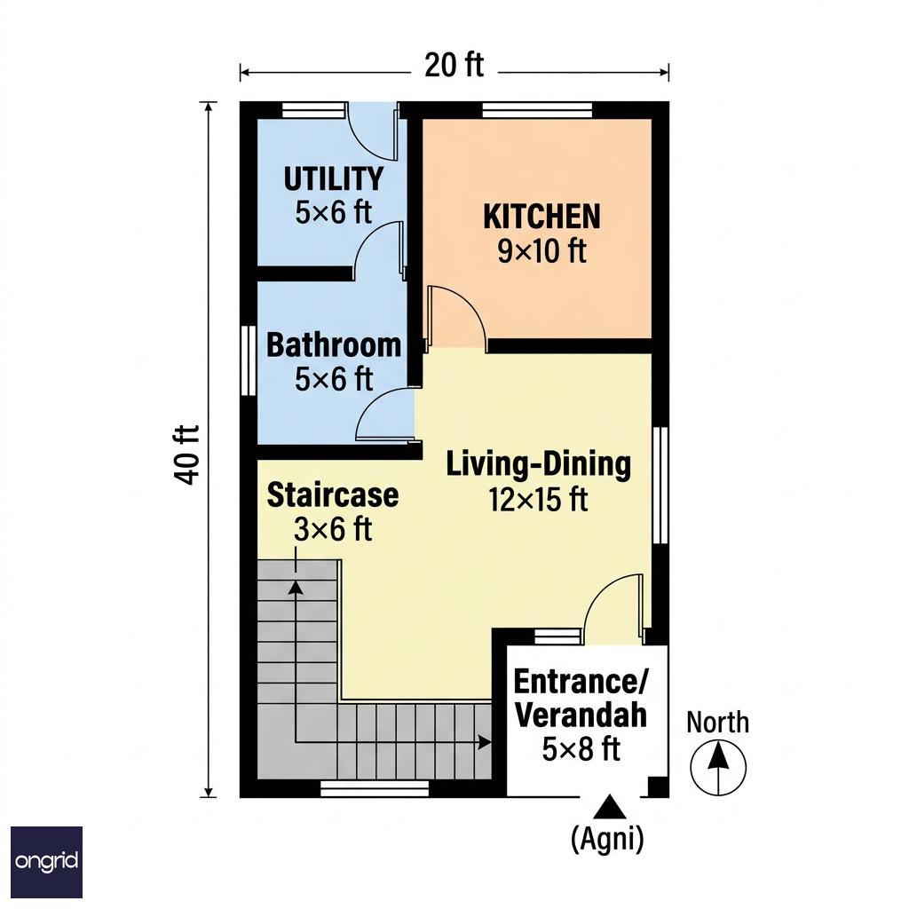 Ground floor plan of 20x40 South-facing house with room dimensions