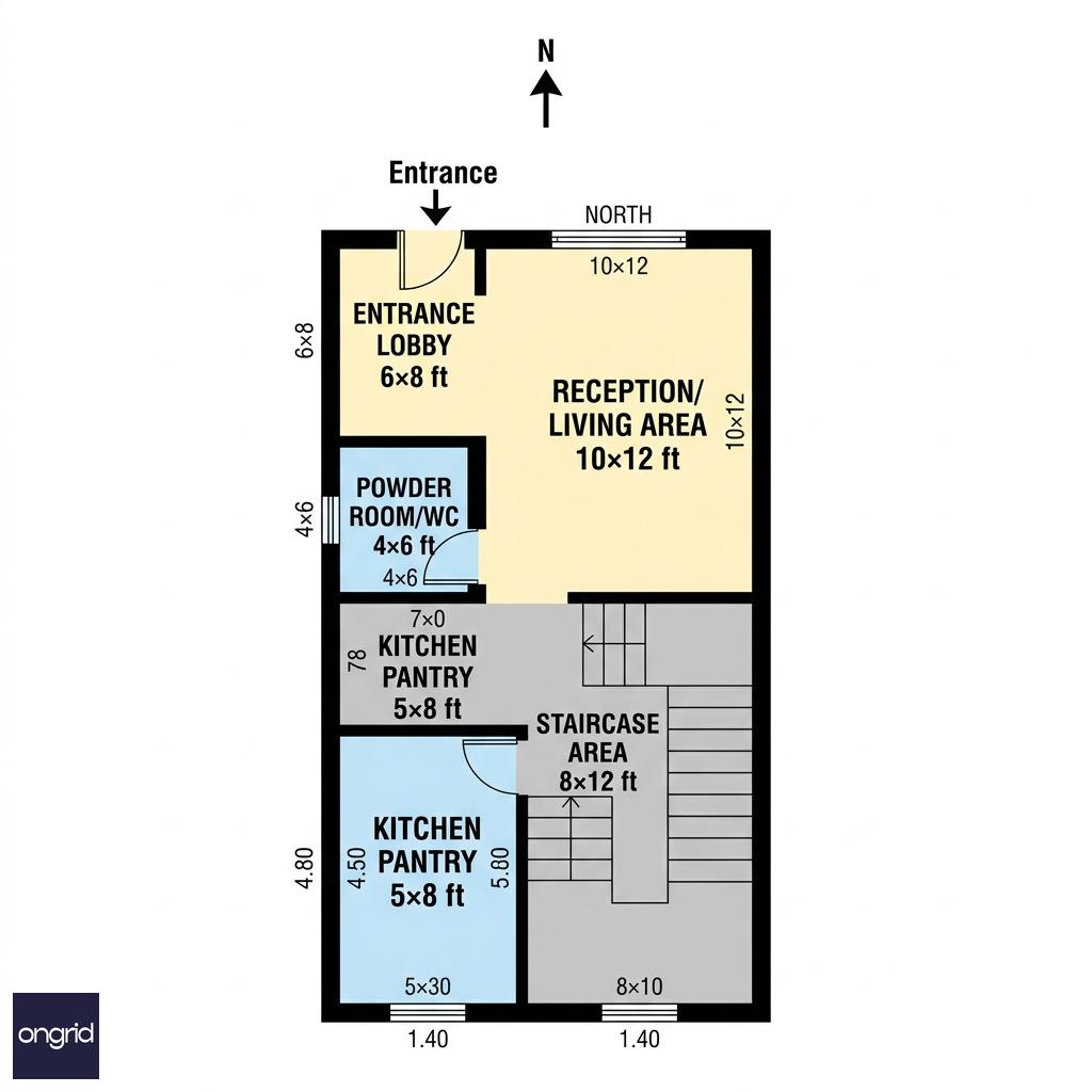 Ground floor plan of 20x40 North-facing house with room dimensions