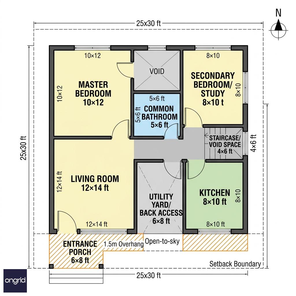 Ground floor plan of 25x30 south-facing home with room dimensions and overhang marked