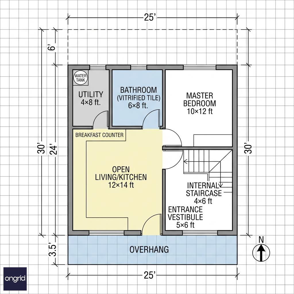 Floor plan of ground floor showing retail/residential hybrid layout with 25x30 dimensions