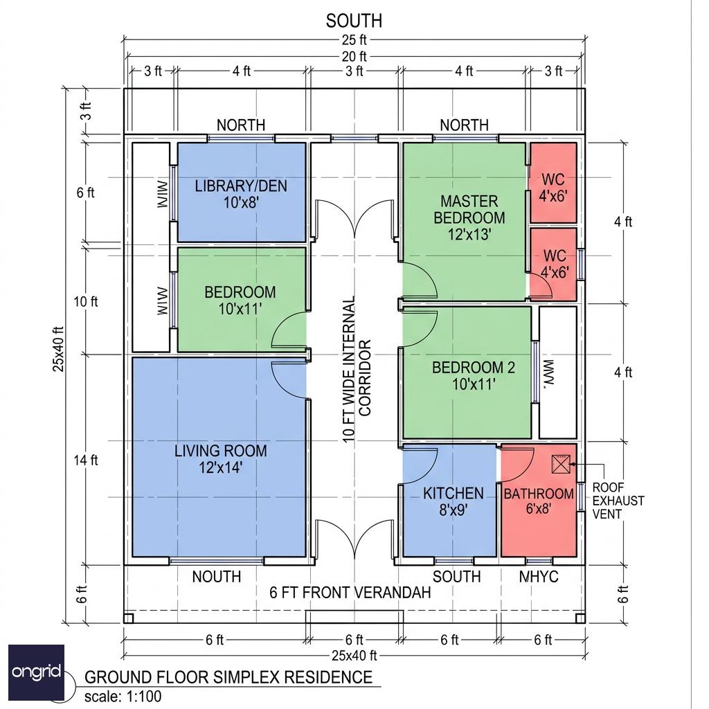 South-facing 25x40 floor plan with overhang shading and thermal mass placement